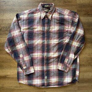 Bill Bass Casual Button Down Mens Large Navy PInk Plaid Rugged Flannel Shirt